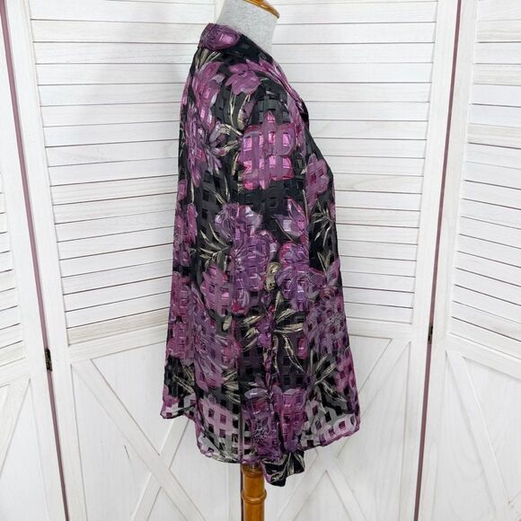 Vintage Notations Sheer Floral Check Shimmer Blouse Black Purple Large - Picture 3 of 11